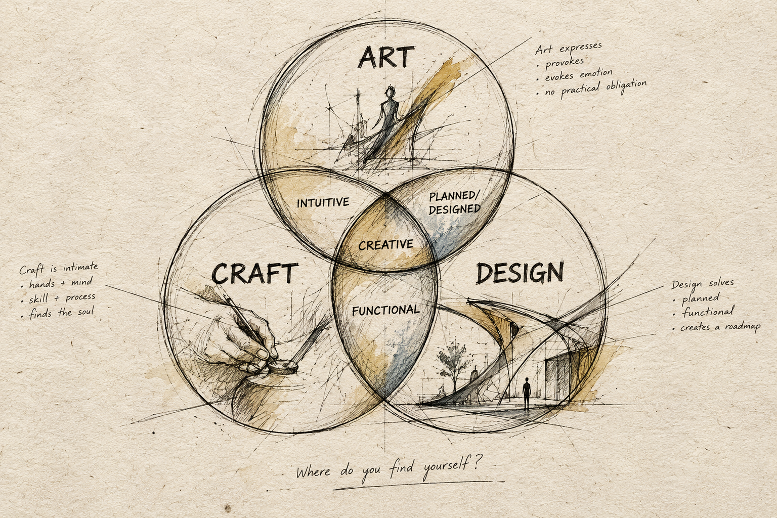 A creative workspace showing the intersection of art, design, and craft.